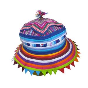 Handmade Boho Festival Sun Hat Colorful Striped Pom Pom Patchwork Unique Rare